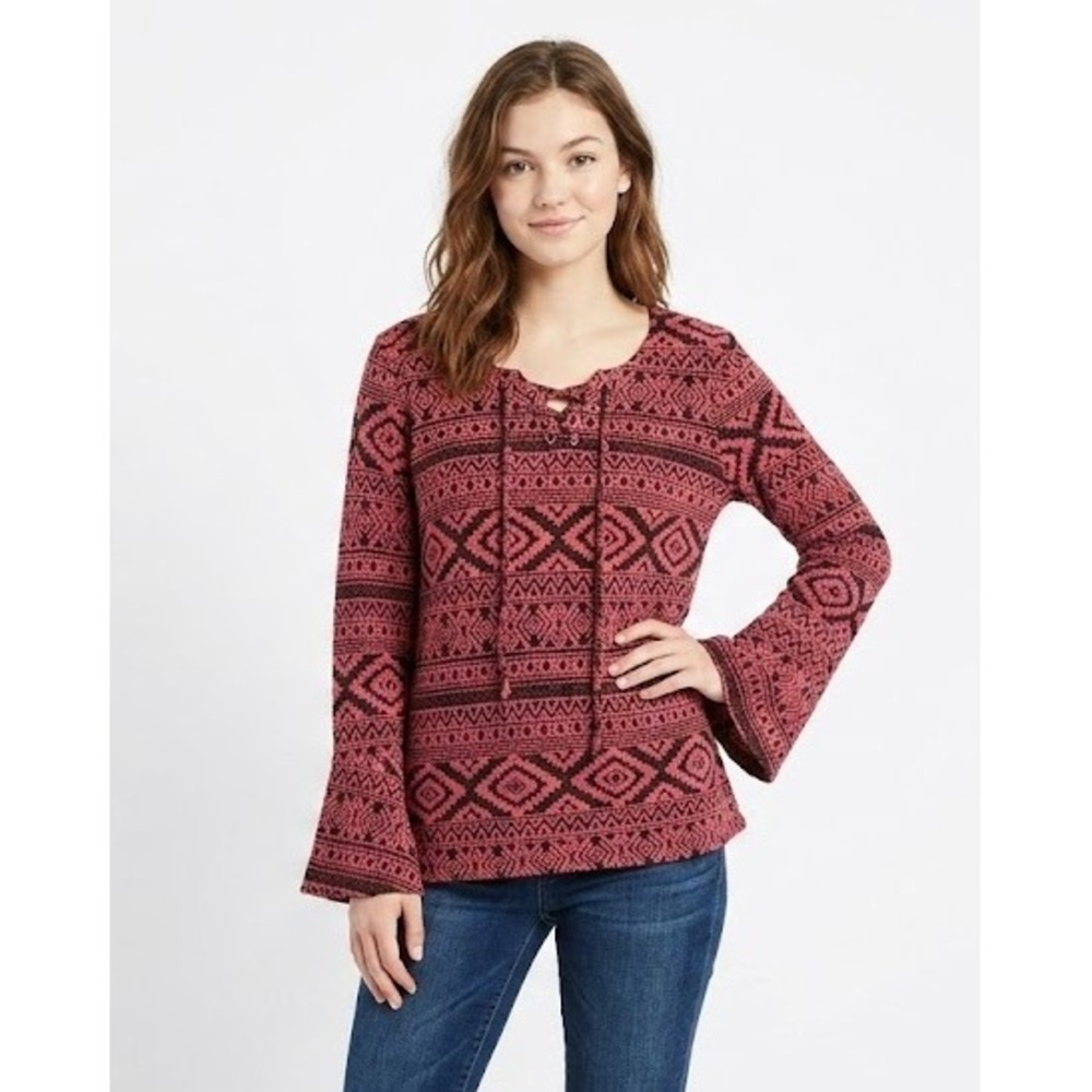New One World Red Black Southwestern Print Fuzzy Stretch Pullover Top Large